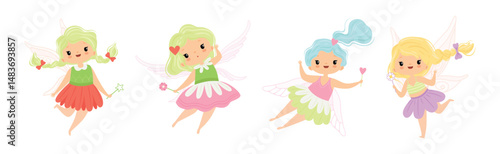 Cute Fairy and Pixie Character with Wings and Magic Wand Vector Set