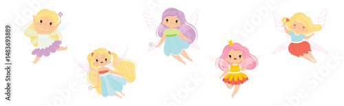 Cute Fairy and Pixie Character with Wings and Magic Wand Vector Set