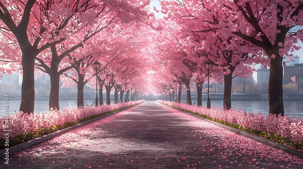 Naklejka premium Enchanting Cherry Blossom Lined Promenade by a River