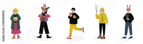 Kid Celebrate Easter Spring Season Holiday Vector Set