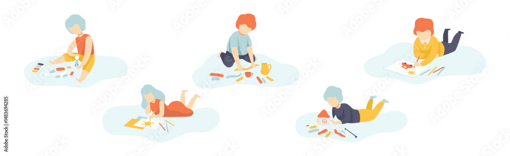 Obraz premium Kids Doing Creative Activity and Craft Vector Set
