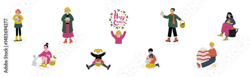 Kid Celebrate Easter Spring Season Holiday Vector Set