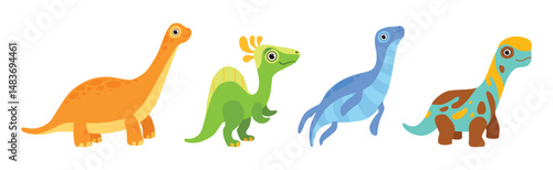 Funny Dinosaur Colorful Character with Cute Face Vector Set