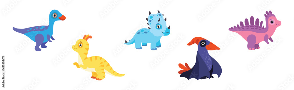 Naklejka premium Funny Dinosaur Colorful Character with Cute Face Vector Set