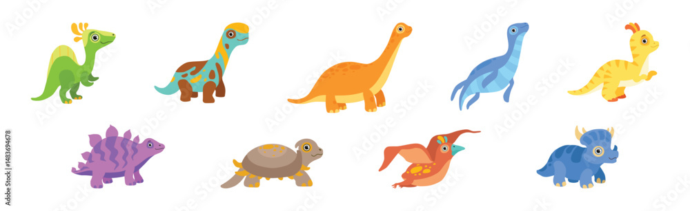 Fototapeta premium Funny Dinosaur Colorful Character with Cute Face Vector Set