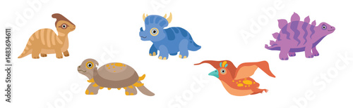 Funny Dinosaur Colorful Character with Cute Face Vector Set