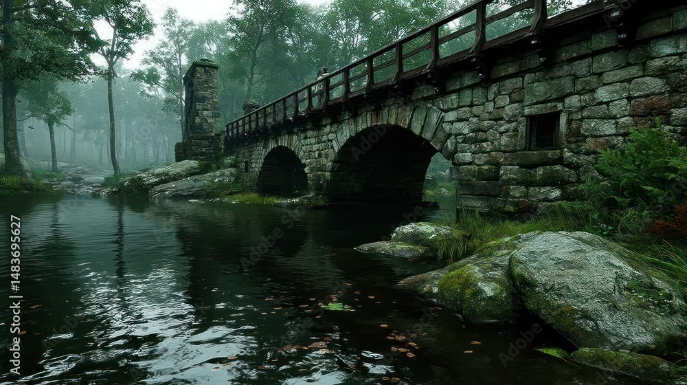 Fototapeta premium Misty forest river stone bridge