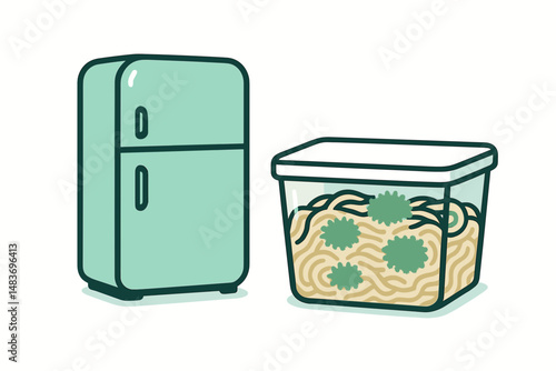 Moldy pasta in container next to green refrigerator in kitchen setting  