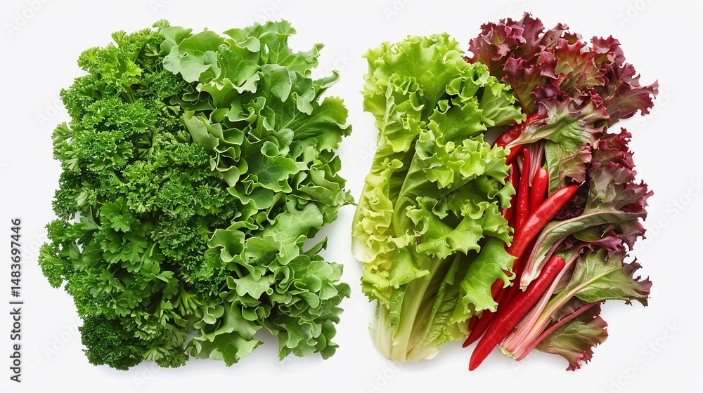 Obraz premium Fresh leafy greens arranged in a composition. Vibrant green and red leaves arranged aesthetically