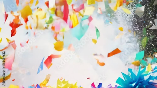 a quick push in video as a pinata bursts, exploding with a shower of colorful confetti swirling in vibrant light, creating a festive celebration atmosphere