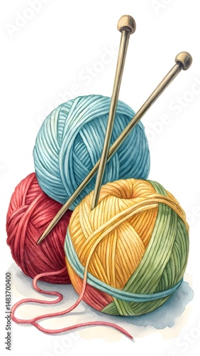 Watercolor Painting of Colorful Yarn Balls with Knitting Needles on White Background