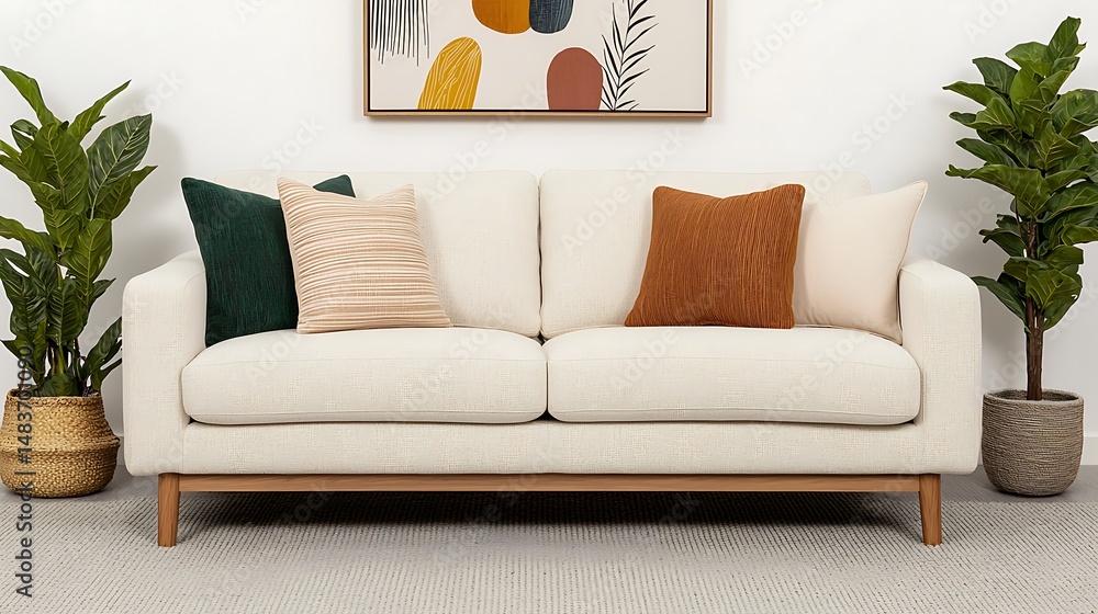 Fototapeta premium Cozy White Sofa with Decorative Pillows and Indoor Plants, Modern Living Room Interior Design and Home Decor Inspiration