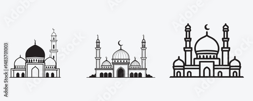 Set of Mosque Illustration, Line and Silhouette Vector of Islamic Temple with White Background