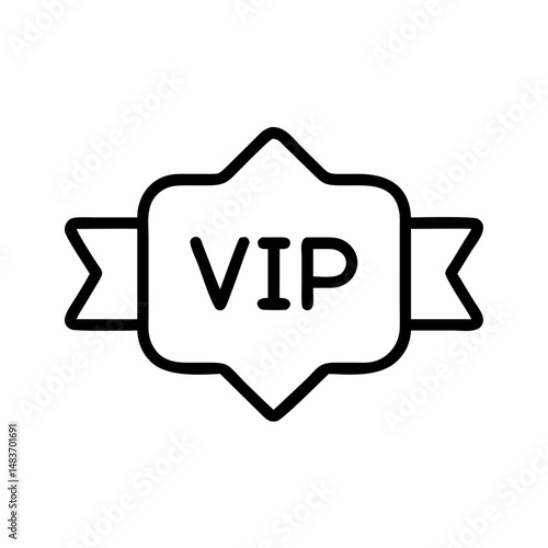 Outline icon of VIP badge with ribbon and bold text, representing premium access, special status, loyalty rewards and exclusive offers in marketing campaigns