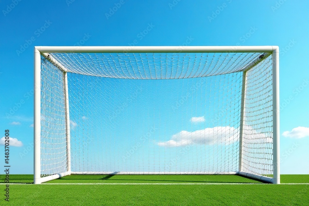 Fototapeta premium Empty soccer goal net against a bright blue sky , stadium, empty