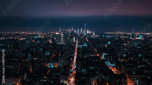 Wallpaper Mural Nightscape City Lights: An aerial view of a bustling cityscape at night. Illuminated skyscrapers and streets create a dynamic contrast against the darkening sky. Torontodigital.ca