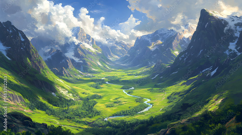 Obraz premium Majestic Valley Vista: A panoramic view unfolds, showcasing a vibrant green valley nestled amidst towering, snow-capped peaks under a cerulean sky with fluffy clouds.