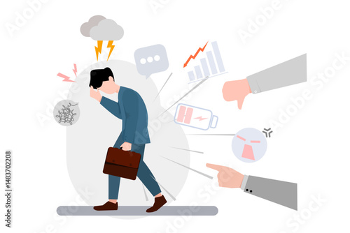 Young businessman in stress thinking about over problems, mental health concept illustration in flat style