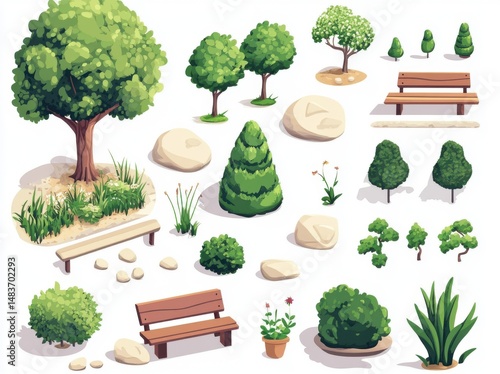 Isometric view of various coniferous and deciduous trees collection for park landscape architecture urban planning and outdoor environment design