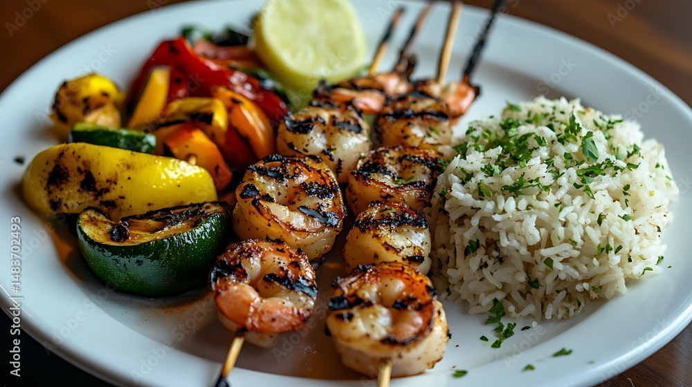 Grilled Shrimp Skewers with Rice and Vegetables Grilled Shrimp Skewers with Rice and Vegetables