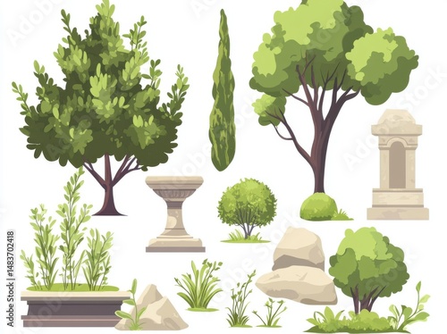 Isometric view of various coniferous and deciduous trees collection for park landscape architecture urban planning and outdoor environment design