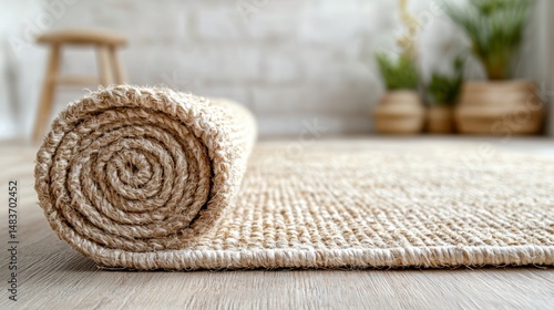 Jute Rug Roll Unfurling on a Wooden Floor Close Up for a Modern Natural Home Decoration Concept