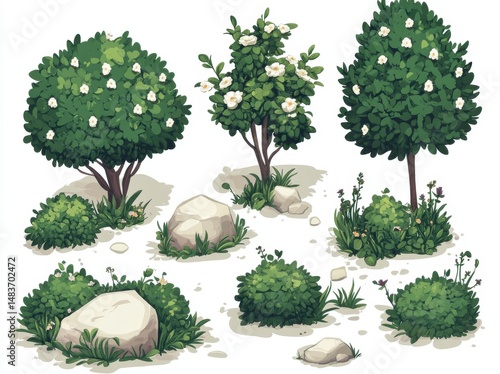 Isometric view of various coniferous and deciduous trees collection for park landscape architecture urban planning and outdoor environment design