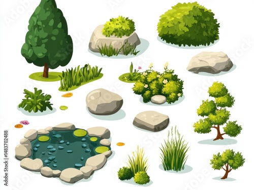Isometric view of various coniferous and deciduous trees collection for park landscape architecture urban planning and outdoor environment design