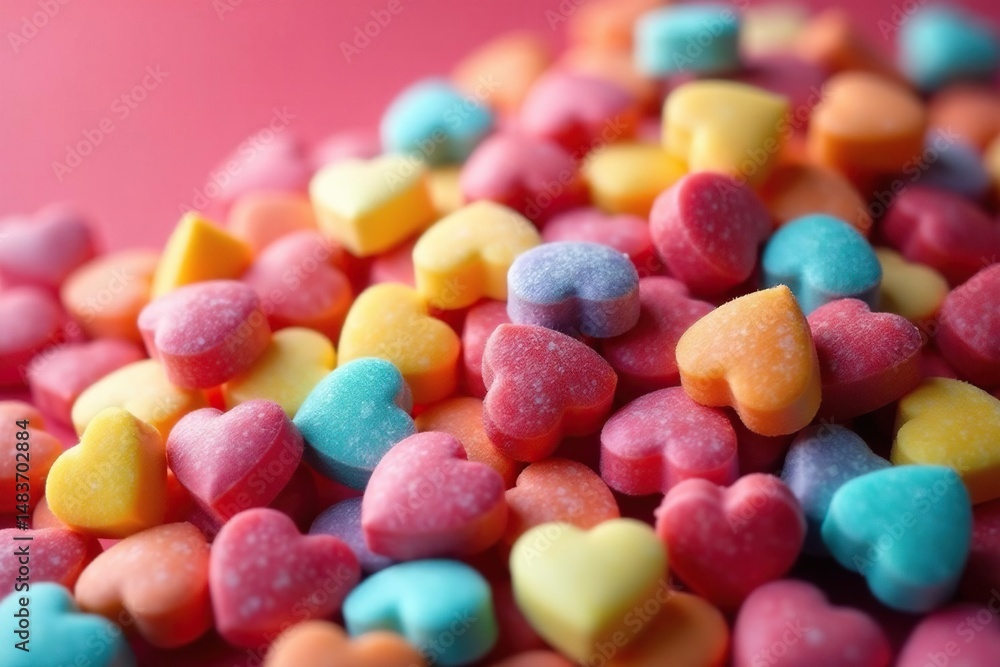 A vibrant pile of heart-shaped candies in assorted colors , candy hearts, macro A vibrant pile of heart-shaped candies in assorted colors , candy hearts, macro