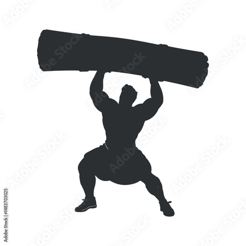 Silhouette of a Strong Man Lifting a Heavy Log Overhead in a Powerful Pose