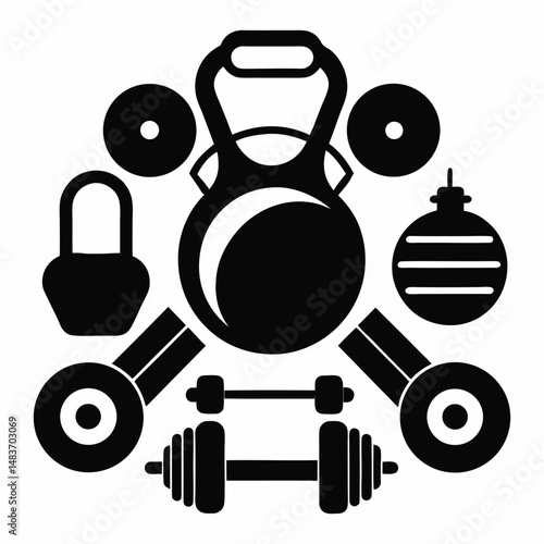 Black and White Gym Equipment Icon Set – Kettlebell, Dumbbell, Barbell Vector icon set