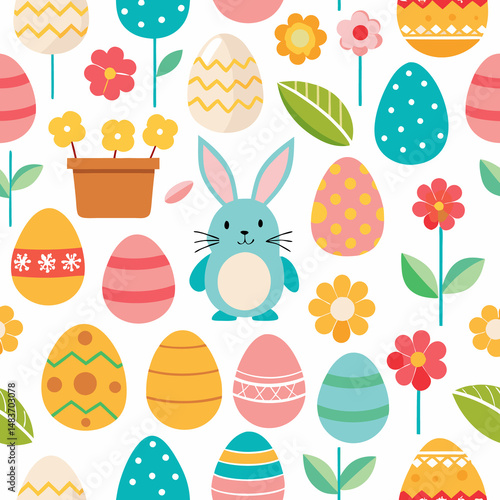Easter pattern with eggs, flowers, bunny
