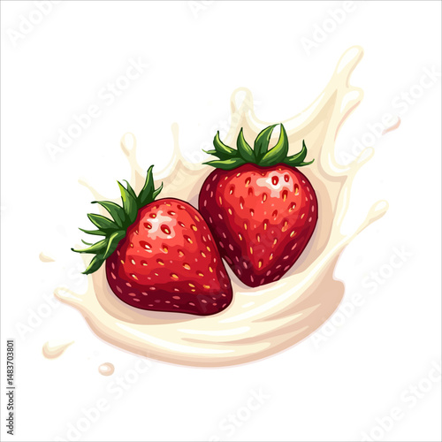 Vector design for food packaging 
with strawberry berries and
splashes of milk yogurt isolated 
on transparent background. Fashionable print for paper, 
fruit juice, ice cream packaging. 