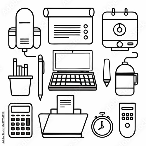 Office Supplies and Work Essentials Line art Icon Set – Laptop, Calendar, Calculator, Stationery Vector Pack