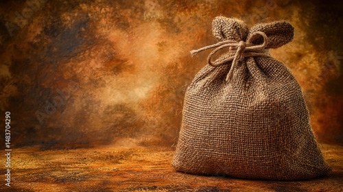 Rustic Brown Burlap Sack Against a Textured Backdrop with Soft Lighting and a Knotted Closure