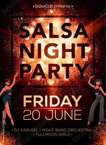 Vector Salsa Party Flyer with Sparkling Lights, Dancing Girls and Bold Typography on Black and Orange Background