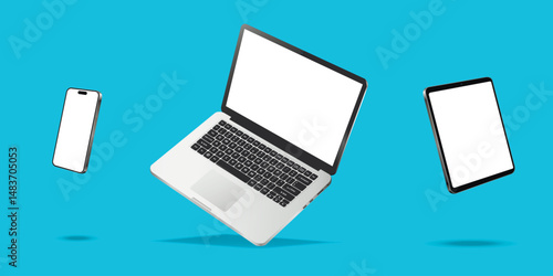 Flying laptop, cellphone and tablet pc white screen mockup