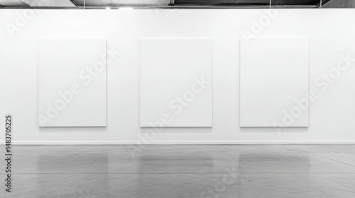 Three blank white canvases positioned side by side against a seamless white wall, creating a minimalist and clean aesthetic. The canvases are perfectly aligned, their surfaces pristine and ready for a