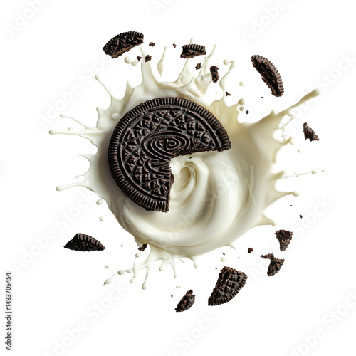 Delicious Oreo Cookie Half Dipped in Creamy Milk Splash on a Black Background on transparent background