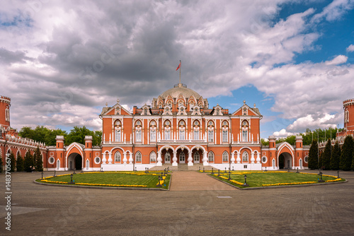 Moscow, Russia May 12, 2025: Petrovsky Travel Palace. The building of the imperial palace against the background of the blue sky