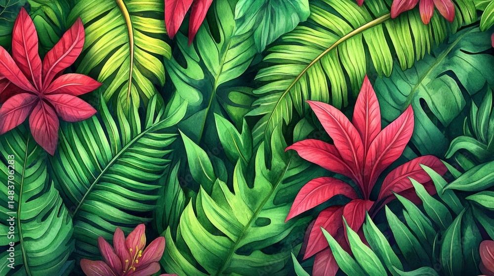 Naklejka premium Creating a seamless tropical foliage watercolor design in a lush garden setting
