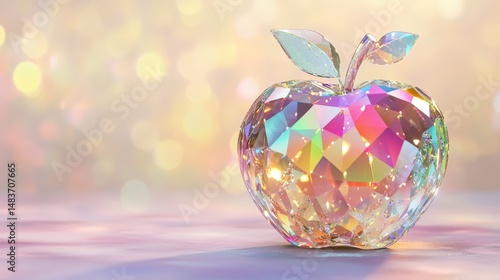 Vibrant multicolor crystal apple with reflective surface on soft pastel background