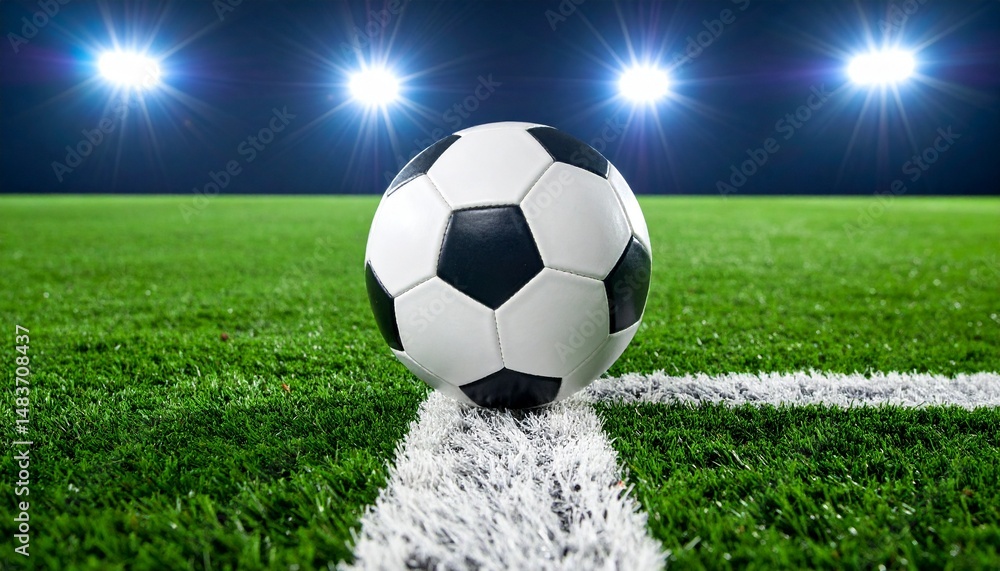 Fototapeta premium soccer ball positioned on a white line at the center of a green football field with bright stadium lights in the background