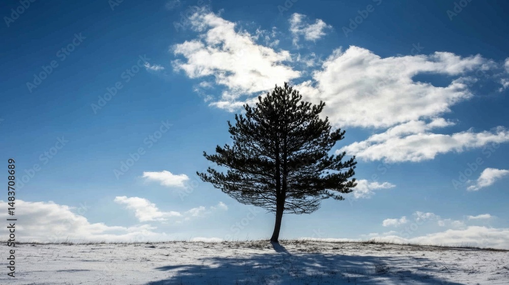 Fototapeta premium Silhouette of a pine tree standing tall winter landscape photography daytime scenic view nature's beauty