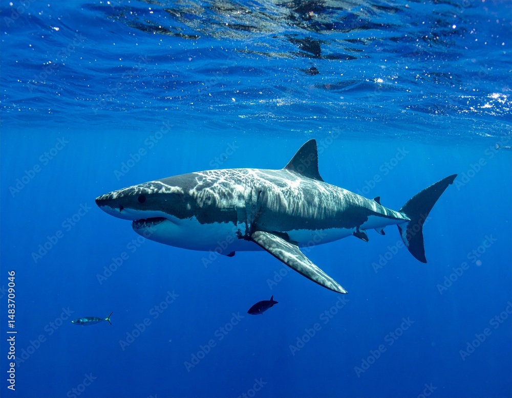 Fototapeta premium majestic great white shark swimming gracefully in clear blue ocean waters