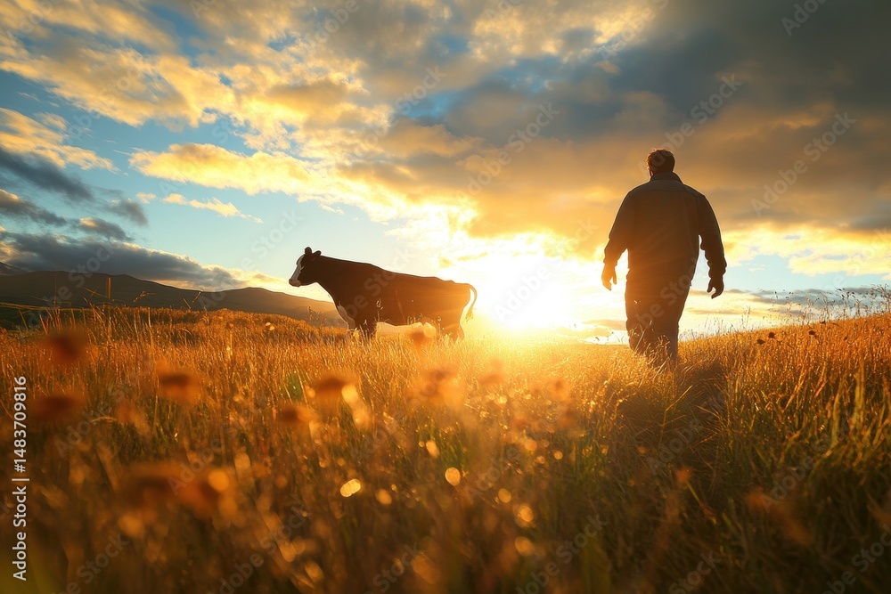 Fototapeta premium Rural Bliss: Farmer in Sunny Countryside with Cows and Fields Showcasing Sustainable Livestock Food Practices in New Zealand