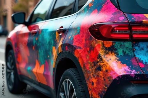 Close-up of vibrant vehicle wrap design, showcasing intricate details and bold colors , vehicle, artwork