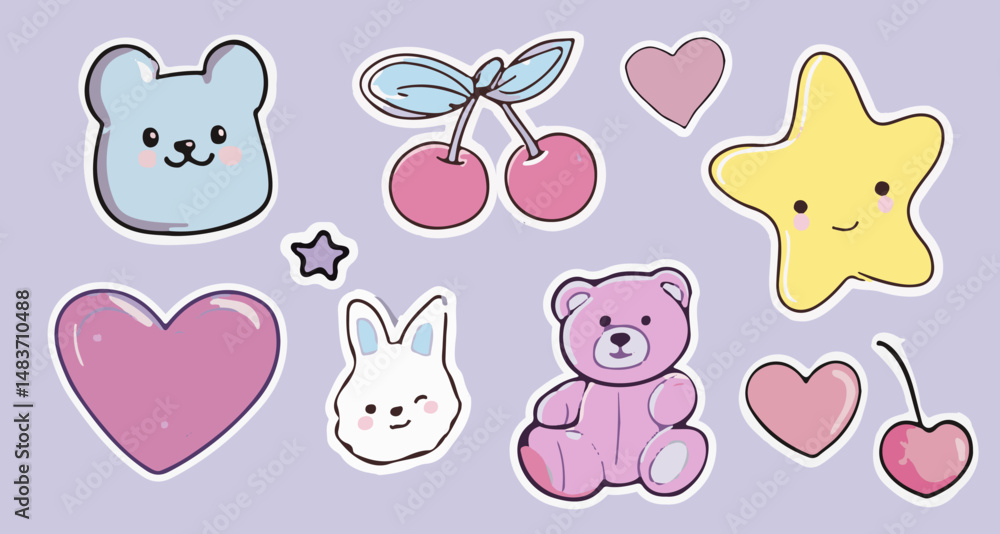 Obraz premium Cute vector illustration in kawaii cartoon style: smiling stars, animal faces, cherries, hearts, all outlined in white. Soft pastel colors: purple, pink, yellow dominate the palette.