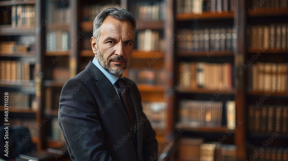 Fototapeta premium Prosecutor in a dark suit serious expression standing in front of a law bookcase blurred office behind