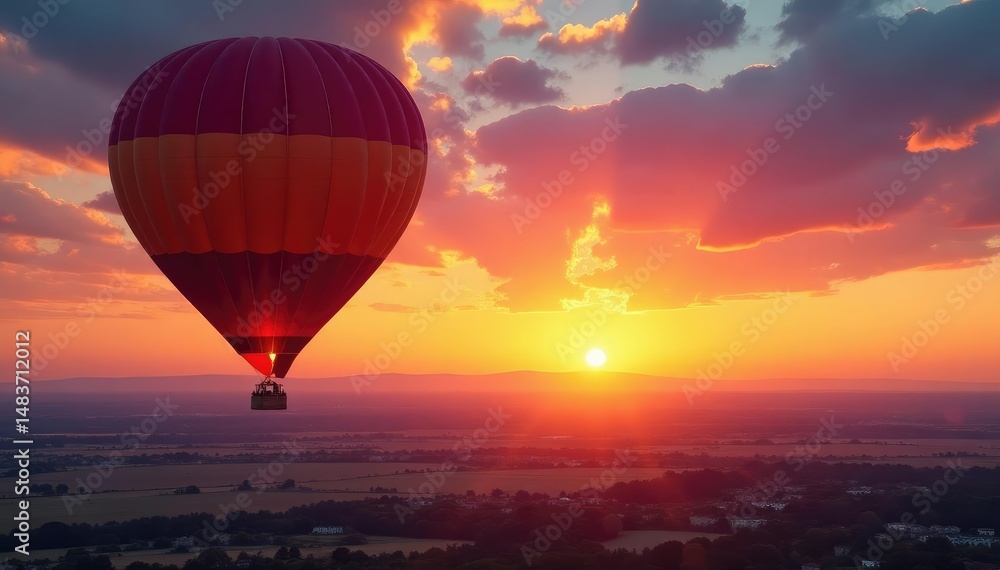Obraz premium Giant hot air balloon against vibrant sunset sky, golden, nature, clouds